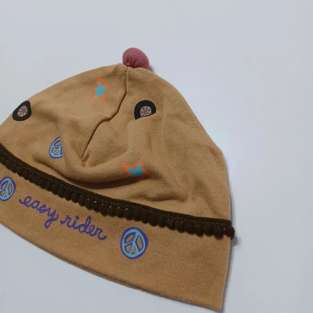 Natural Life Easy Rider Baby Girls Peace Star‎ 100% Cotton Brown Pink Beanie Hat